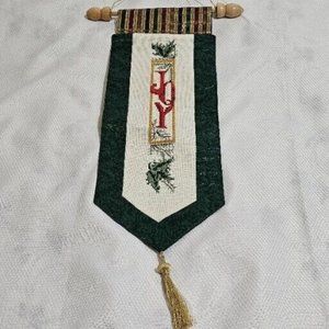 Christmas JOY Handmade Satin & Cross Stitch Banner 20"L rich color wall hanging